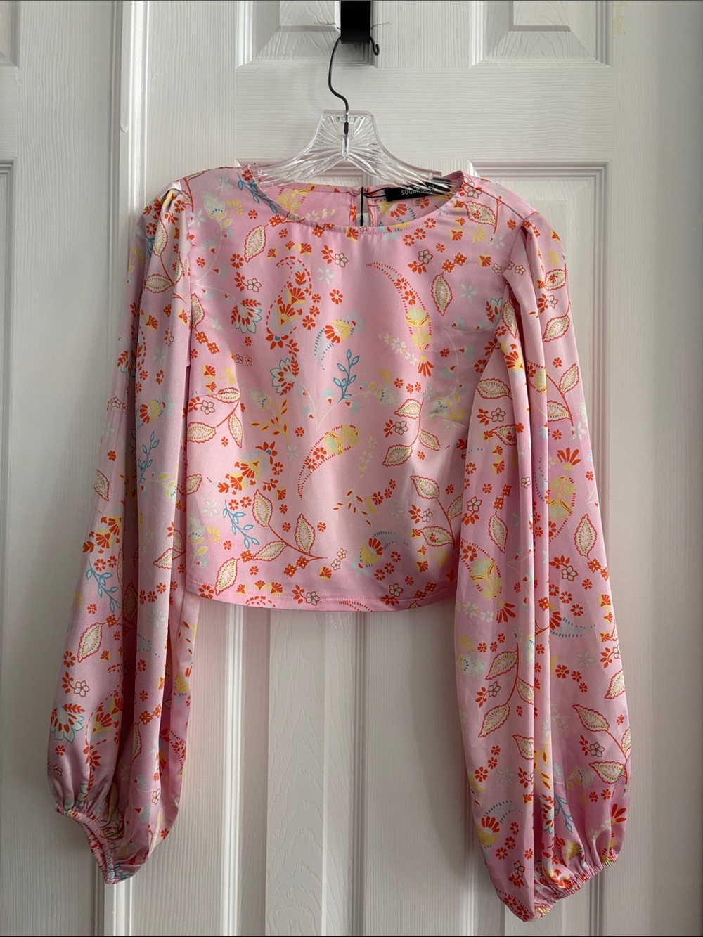 SugarLips pink satin Bishop sleeves cropped paisley boho blouse Women’s XS NWT